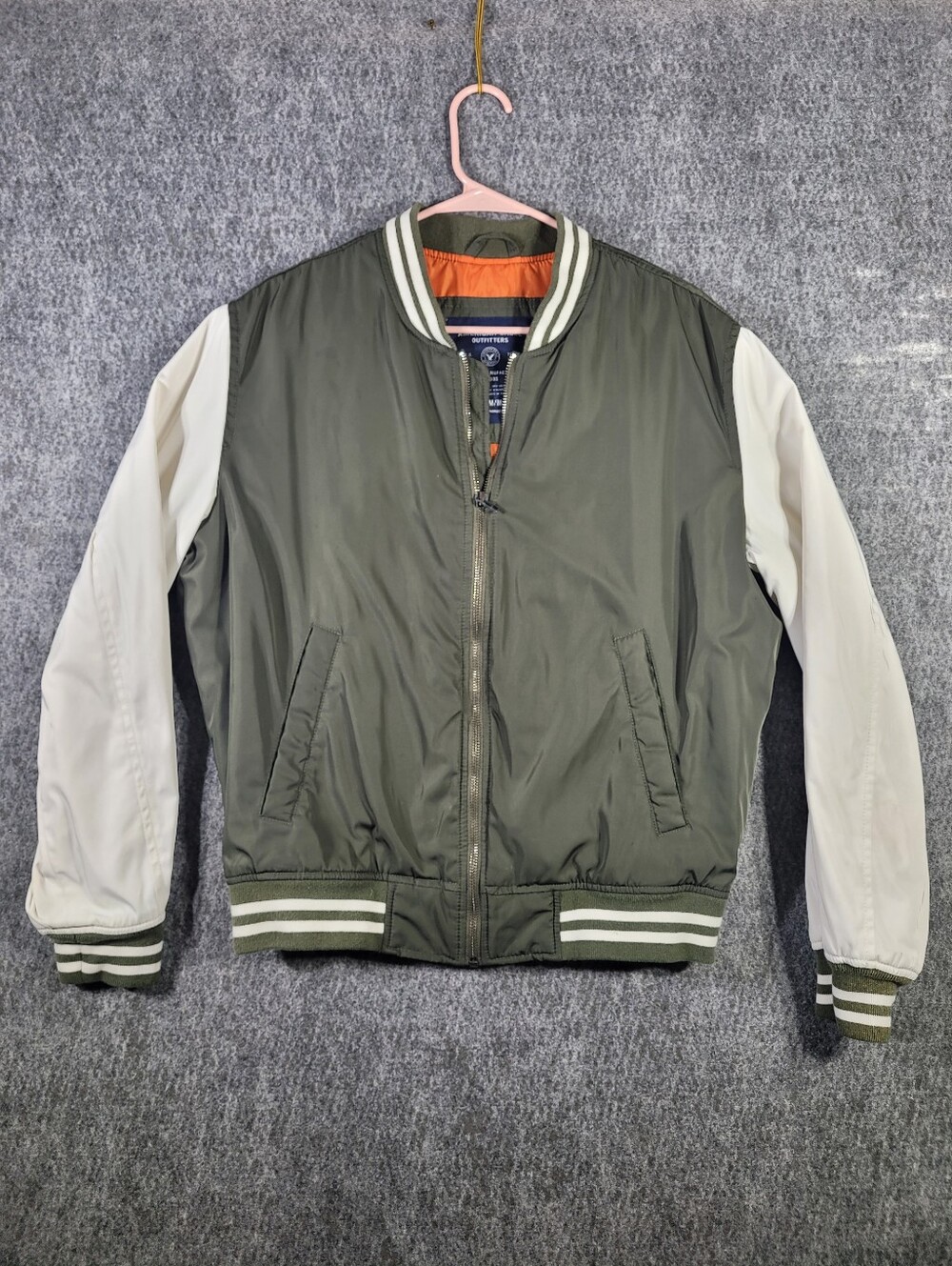 American Eagle Mens Varsity Bomber Jacket M Olive Green White Orange Lined